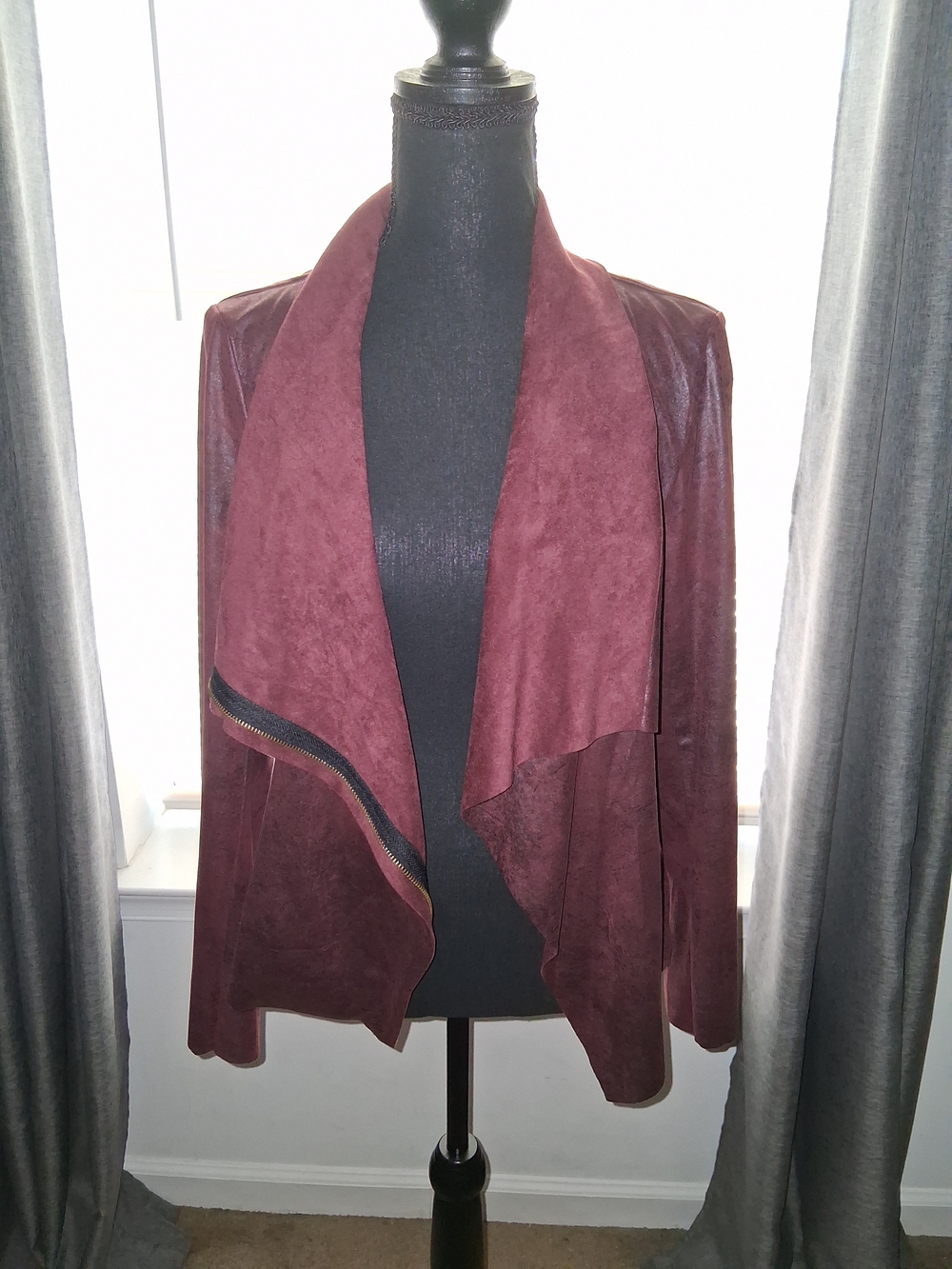 Love Tree Burgundy Draped Faux-Suede & Faux-Leather Jacket